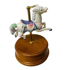 Vintage Ceramic Carousel Horse Figurine On Wooden Base 5 1/2" Music Box  Up e Po